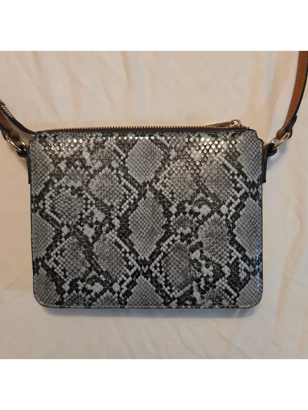 ALDO Gray Snake Print Crossbody Bag Brown Trim Gold Hardware Adjustable Strap